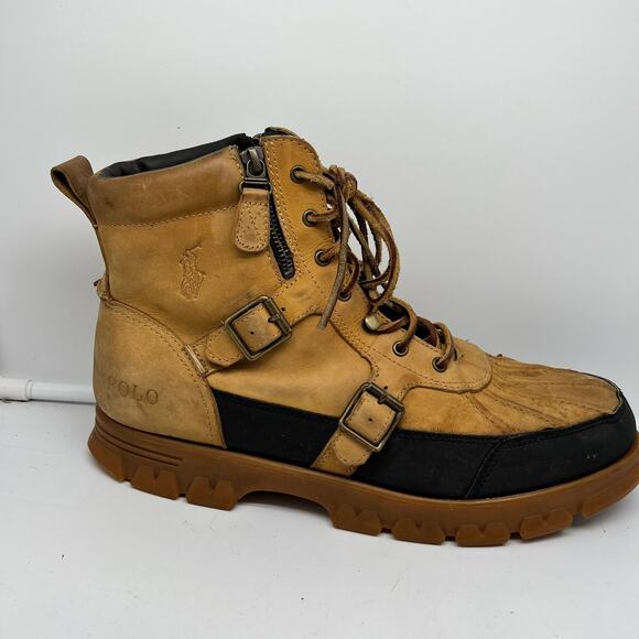 Polo Ralph Lauren Boots Mens 14 Demond Trail Hiking Tan Leather Moto Combat - Picture 1 of 11